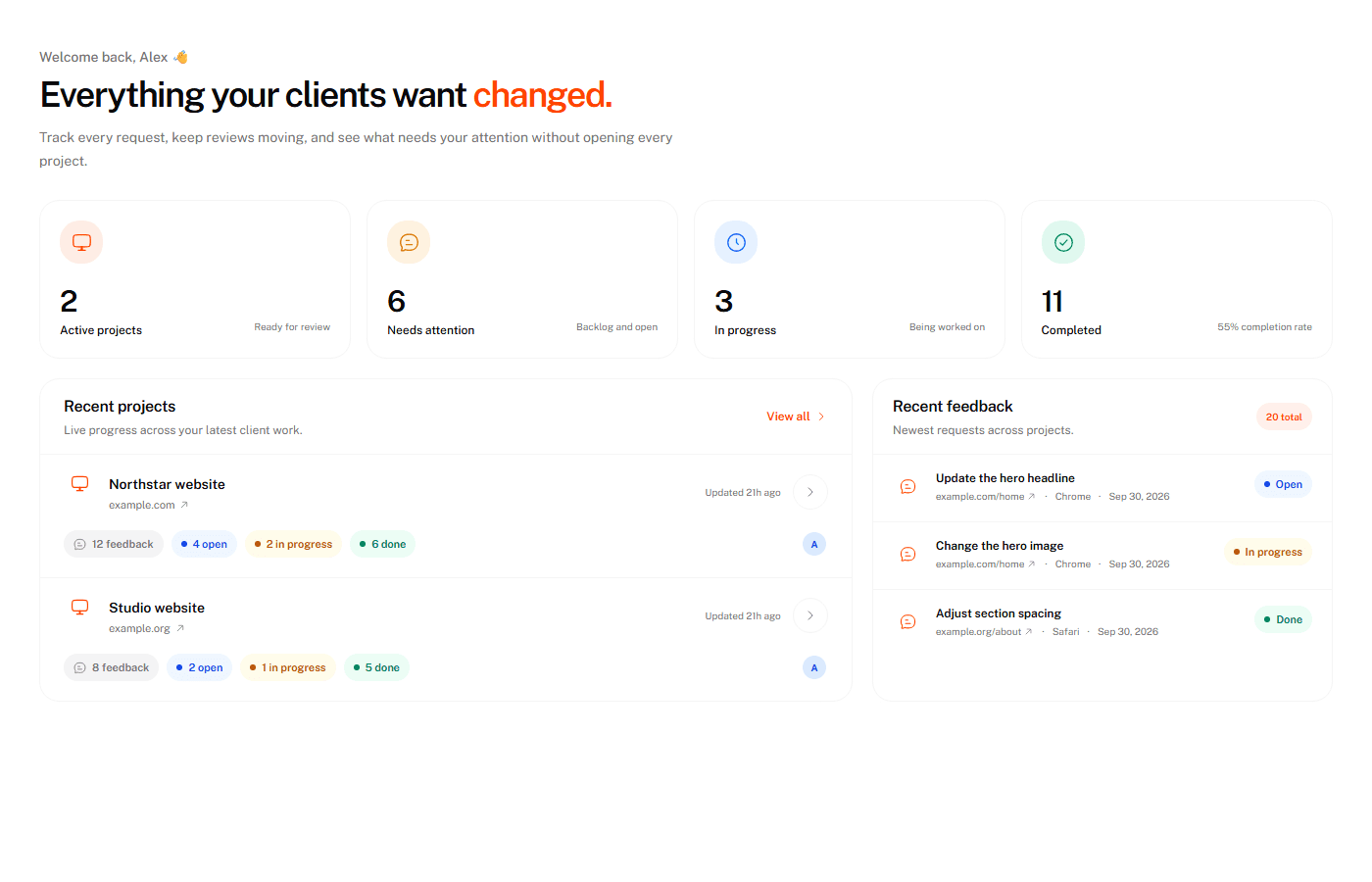 ClientPin dashboard in light theme showing fictional projects, feedback, and progress